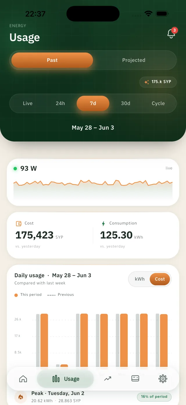 Kashef app screen — Usage & cost